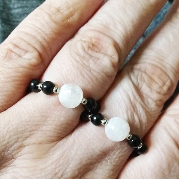 Ultra Feminine! Genuine Moonstone + Black Stone - Beaded Ring! Only 2 Left! - Picture 2 of 7
